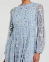 Blue Floral Mesh Long Sleeve Micro Ruffle Mini Dress